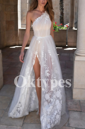 One-Shoulder Wedding Dress - Floral Lace Bridal Gown with High Slit