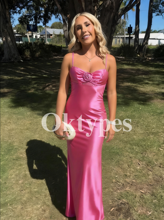 Hot Pink Satin Prom Dress with 3D Rosette and Sexy Bows and High Slit 2026 Strapless