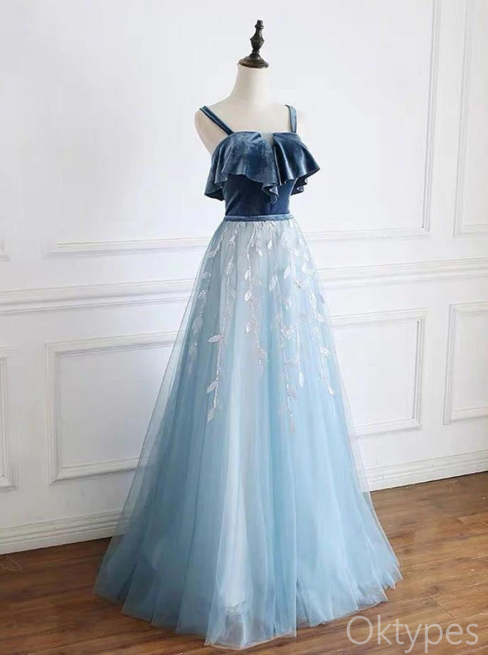 Elegant Blue Velvet Tulle A-Line Spaghetti Strap Floor-Length Prom Dresses PDS1106