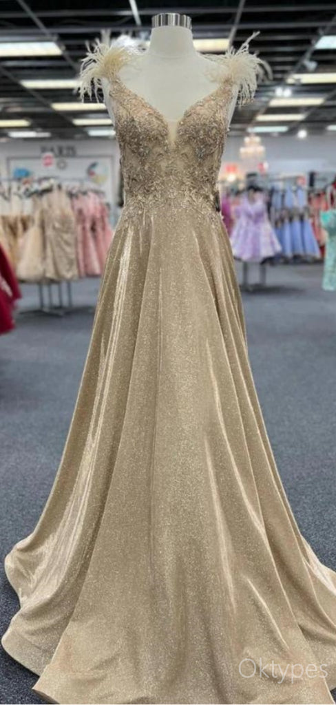 Sexy Sparkly Gold Sweetheart Feather A-Line Floor-Length Prom Dresses PDS1162