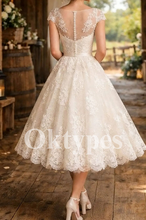 Lace Tea-Length Wedding Dress - Vintage Style Midi Bridal Gown with Cap Sleeves