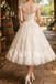 Lace Tea-Length Wedding Dress - Vintage Style Midi Bridal Gown with Cap Sleeves
