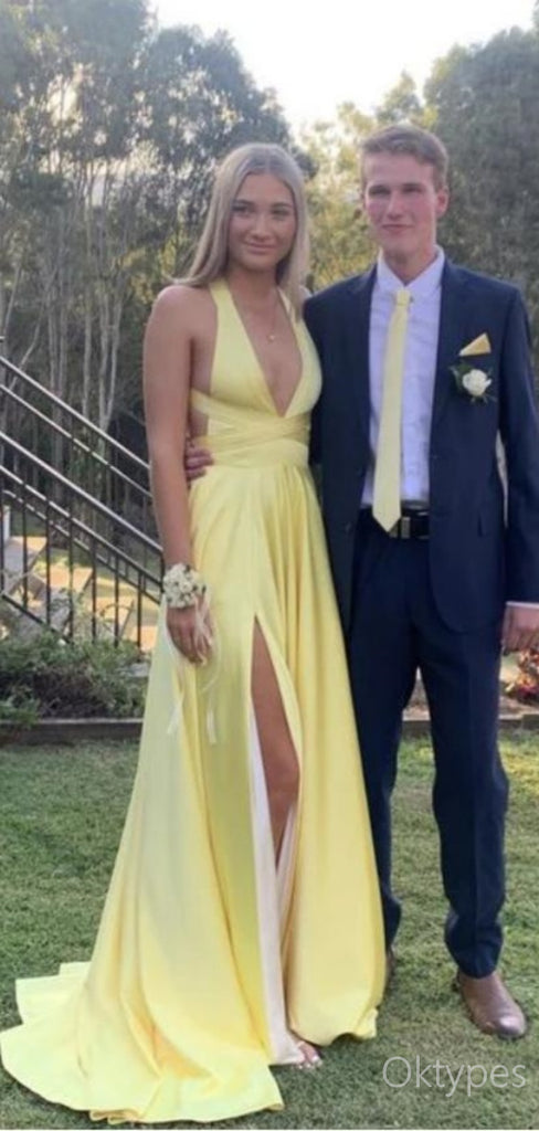 Sexy V-Neck Yellow Side Slit Spaghetti Strap Floor-Length Prom Dresses PDS1181