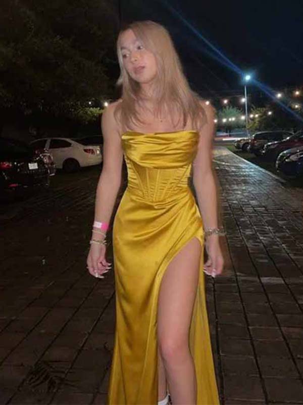 Elegant Yellow Cowl Side Slit Mermaid Evening Dresses, PDS1064