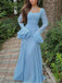 Beautiful Blue Square Full Sleeve Ruffle A-Line Floor-Length Prom Dresses PDS1150