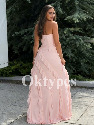 Pink Off Shoulder Chiffon Sheath Floor-Length Women Prom Dresses Ruffles Long Formal Wedding Party