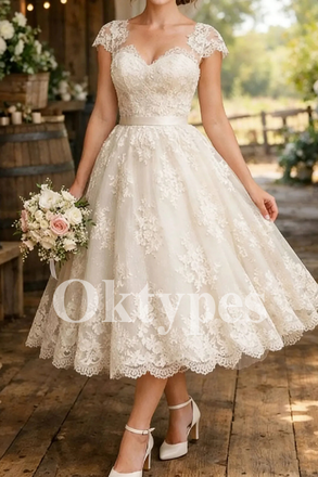 Lace Tea-Length Wedding Dress - Vintage Style Midi Bridal Gown with Cap Sleeves