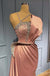 Simple Coral Beaded One Shoulder Satin Women Floor-Length Prom Dresses PDS1211