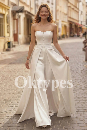 Strapless Bridal Jumpsuit with Overskirt Modern Wedding Pant Suit with Detachable Train