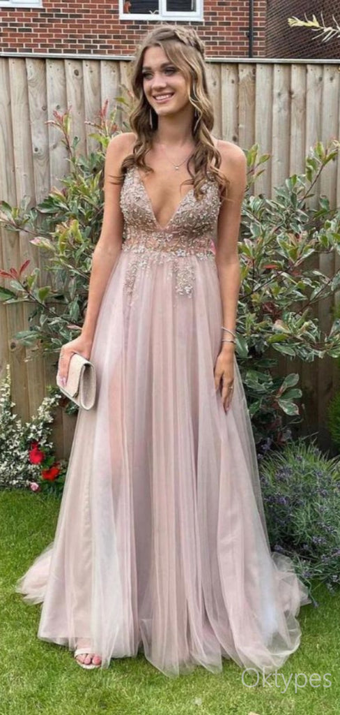 Sexy Beaded Tulle A-Line V-Neck Spaghetti Strap Floor-Length Prom Dresses PDS1102