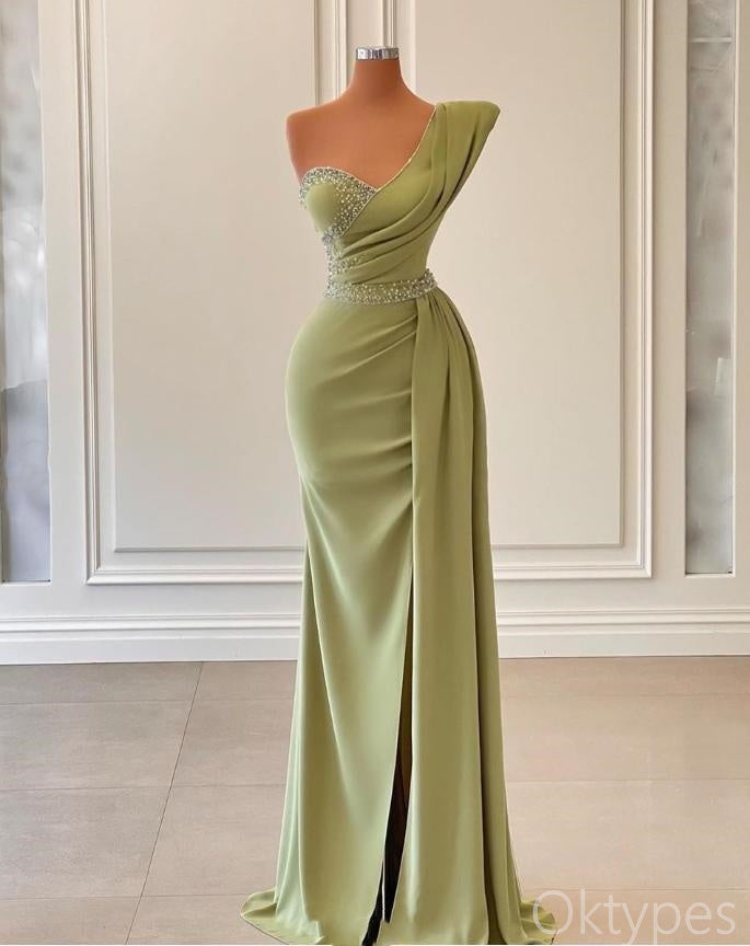 Green Sexy Beaded Side Slit Pleat Satin Floor-Length Prom Dresses PDS1109