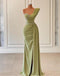 Green Sexy Beaded Side Slit Pleat Satin Floor-Length Prom Dresses PDS1109