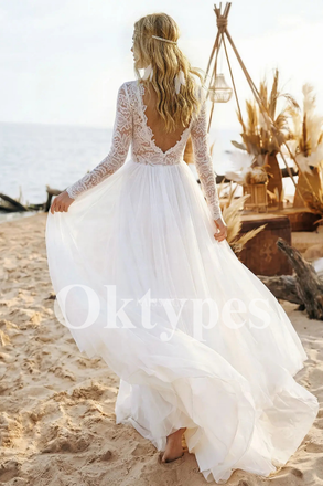 Long Sleeve Lace Wedding Dress - Boho Bridal Gown for Beach Wedding