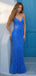 Sparkly Blue V-Neck Appliqued Spaghetti Strap Floor-Length Prom Dresses PDS1132