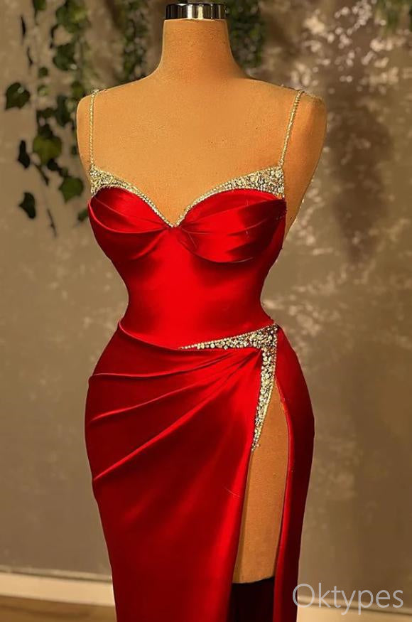 Sexy Red Side Slit Beaded Strapless Satin Women Floor-Length Prom Dresses PDS1212