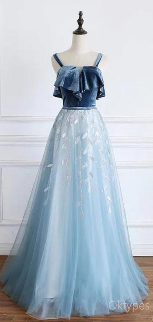 Elegant Blue Velvet Tulle A-Line Spaghetti Strap Floor-Length Prom Dresses PDS1106