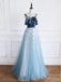 Elegant Blue Velvet Tulle A-Line Spaghetti Strap Floor-Length Prom Dresses PDS1106