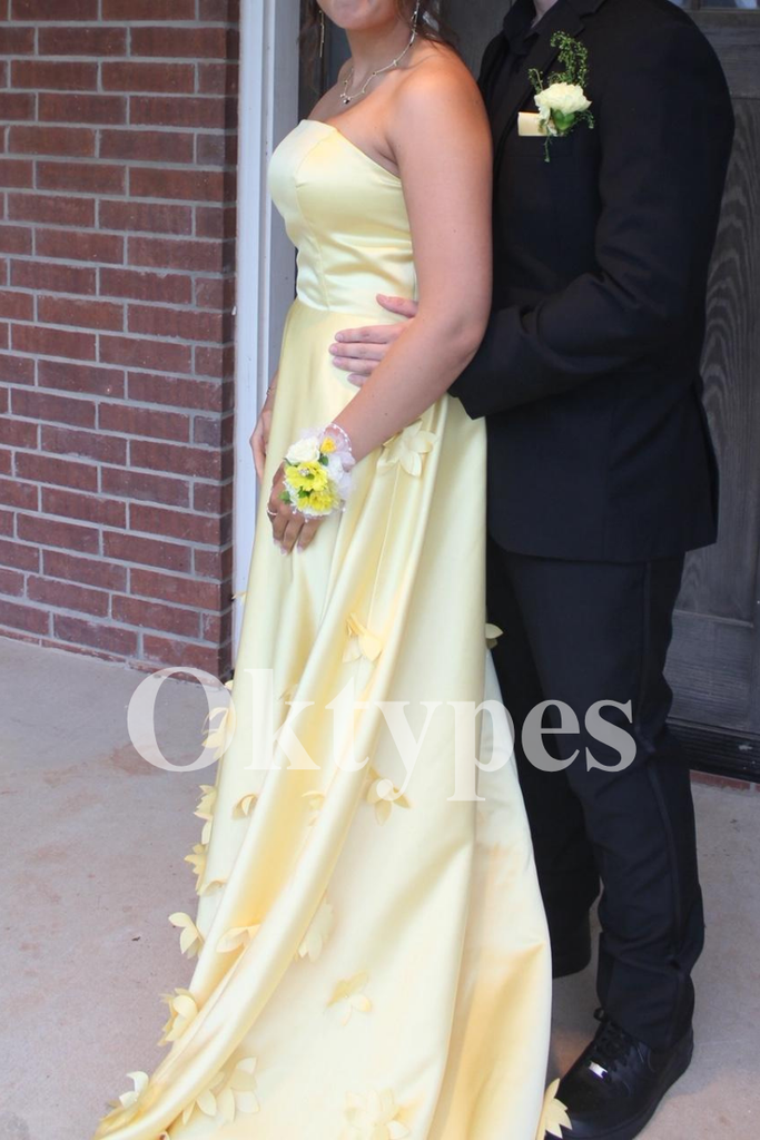 Yellow Satin Prom Dress with 3D Butterfly Appliques and Strapless Bodice 2026