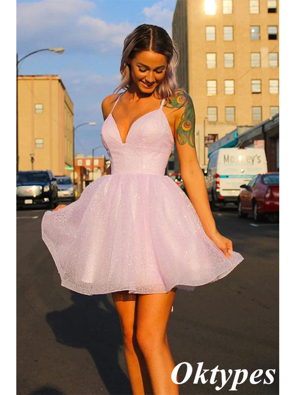 Sweety Pink Sequin Tulle Spaghetti Straps V-Neck A-Line Mini Dresses/ Homecoming Dresses,PDS0502