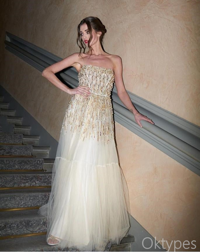 Luxurious White Beaded Strapless Tulle Floor-Length Prom Dresses PDS1111