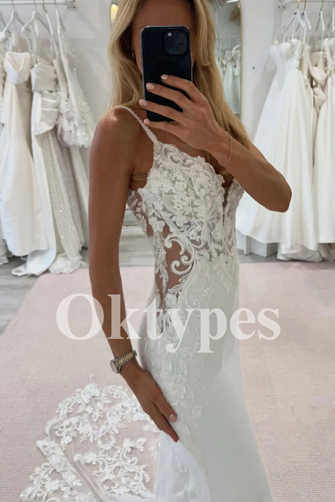 Lace Bodice Mermaid Wedding Dress - Satin Bridal Gown with Spaghetti Straps