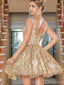 Sliver/Gold V-Neck Appliqued Sparkly A-Line Women Mini Dresses Homecoming Dresses, PDS0573