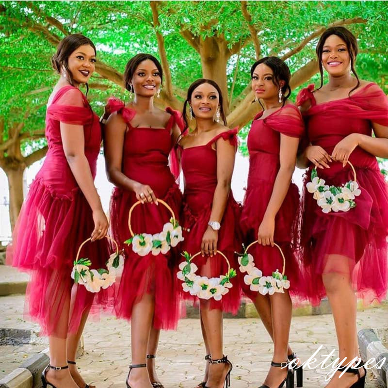 Fuchsia Tulle With Bow Spaghetti Strap Knee-Length Bridesmaid Dresses Online, BDS0369