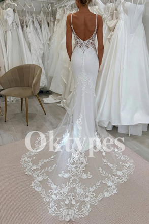 Lace Bodice Mermaid Wedding Dress - Satin Bridal Gown with Spaghetti Straps