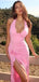 Blushing-Pink Sexy Halter Side Slit Pleat Floor-Length Prom Dresses PDS1103