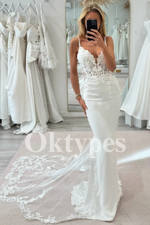 Lace Bodice Mermaid Wedding Dress - Satin Bridal Gown with Spaghetti Straps