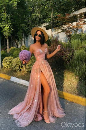 Pink Strapless Side Slit Sweetheart Tulle Women Floor-Length Prom Dresses PDS1216