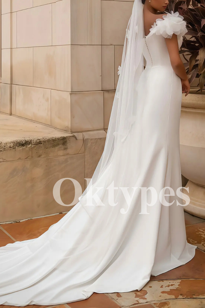 Modern One-Shoulder Satin Wedding Dress with 3D Floral Detail and Slit