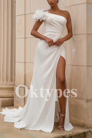Modern One-Shoulder Satin Wedding Dress with 3D Floral Detail and Slit