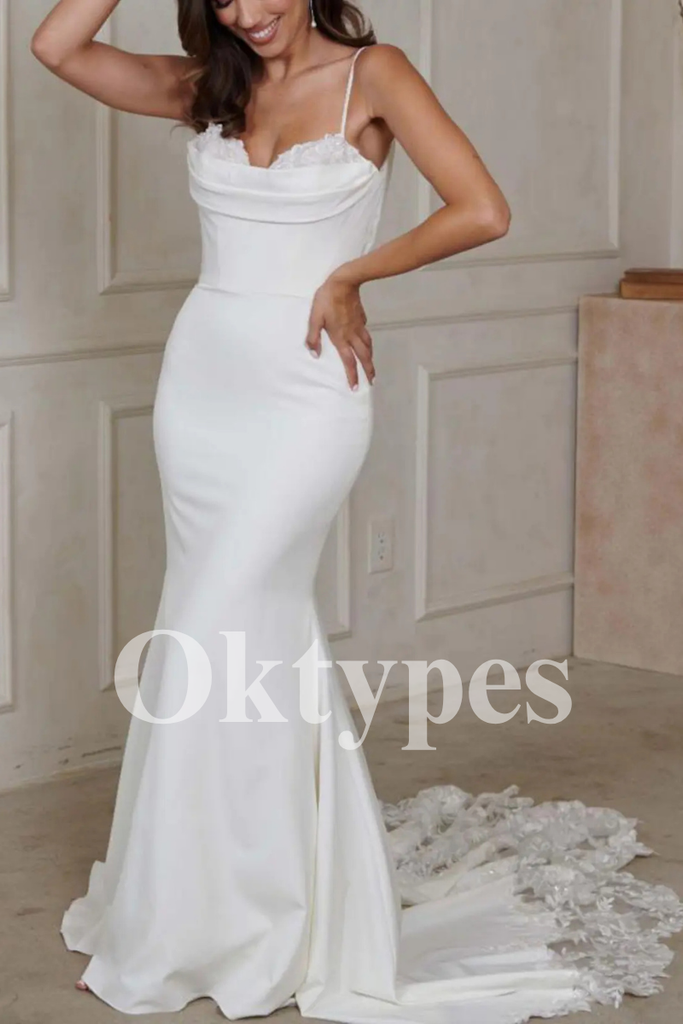 Sleek Satin Bridal Gown Modern Cowl Neck Silhouette with Floral Lace Train