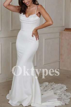 Sleek Satin Bridal Gown Modern Cowl Neck Silhouette with Floral Lace Train