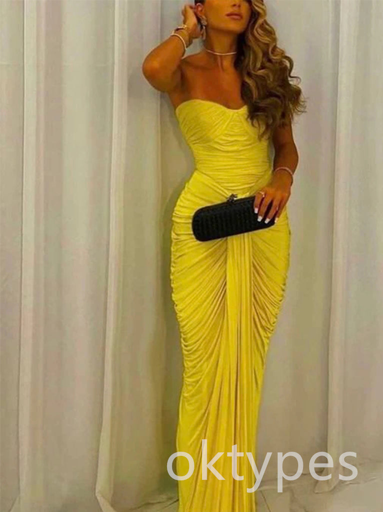 Elegant Strapless Sleeveless Pleats Mermaid Long Women Prom Dresses PDS1266