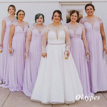 Elegant Pink Chiffon Short Sleeves A-Line Floor Length Bridesmaid Dresses With Lace, BDS0306