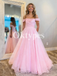 Pink Off Shoulder A-line Long Women Prom Dresses Ball Gowns Sparkle Floral Cap Sleeve