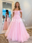 Pink Off Shoulder A-line Long Women Prom Dresses Ball Gowns Sparkle Floral Cap Sleeve