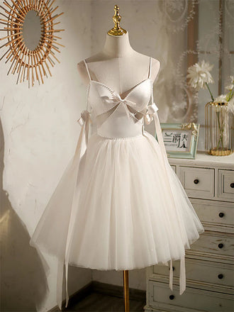 Sexy White Satin Spaghetti Straps V-Neck A-Line Mini Dresses/ Homecoming Dresses With Beading, PDS0534