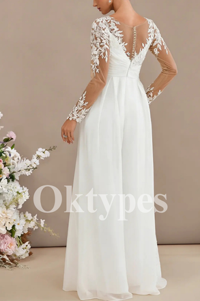 Elegant Lace Wedding Jumpsuit Chic Bridal Outfit with Flowy Chiffon Pants