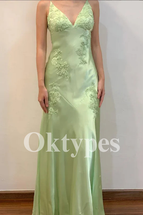 Mint Green Spaghetti Strap Gown | Lace Bodice & Floor-Length Satin Mermaid Skirt