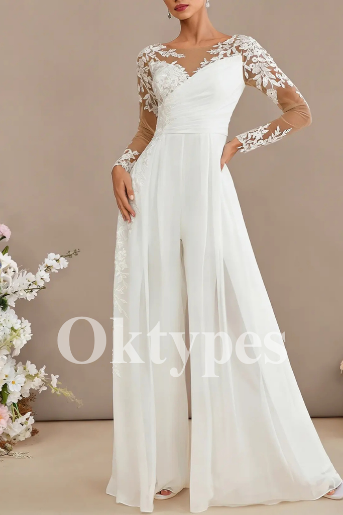 Elegant Lace Wedding Jumpsuit Chic Bridal Outfit with Flowy Chiffon Pants