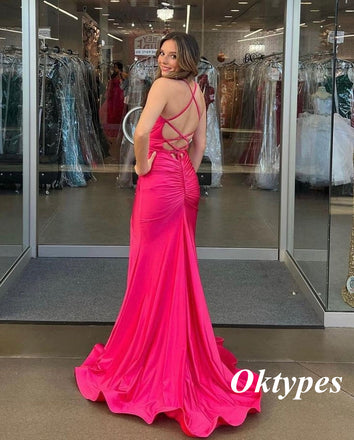 Sexy Fuchsia Pink Soft Satin Halter Mermaid Long Prom Dresses, PDS1031