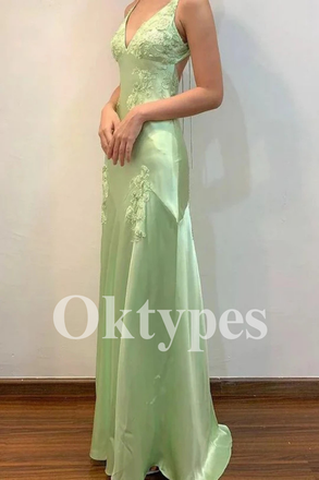 Mint Green Spaghetti Strap Gown | Lace Bodice & Floor-Length Satin Mermaid Skirt