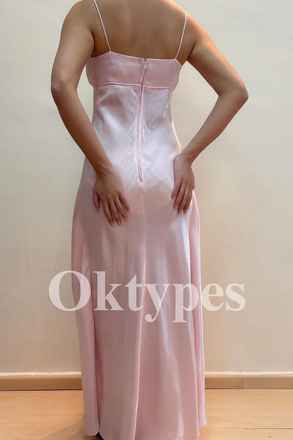 Baby Pink Satin Prom Dress with Ruched Bust and Evening Dress Spaghetti Straps