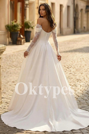 Off-the-Shoulder Lace Wedding Dress with High Slit and Long Sleeves