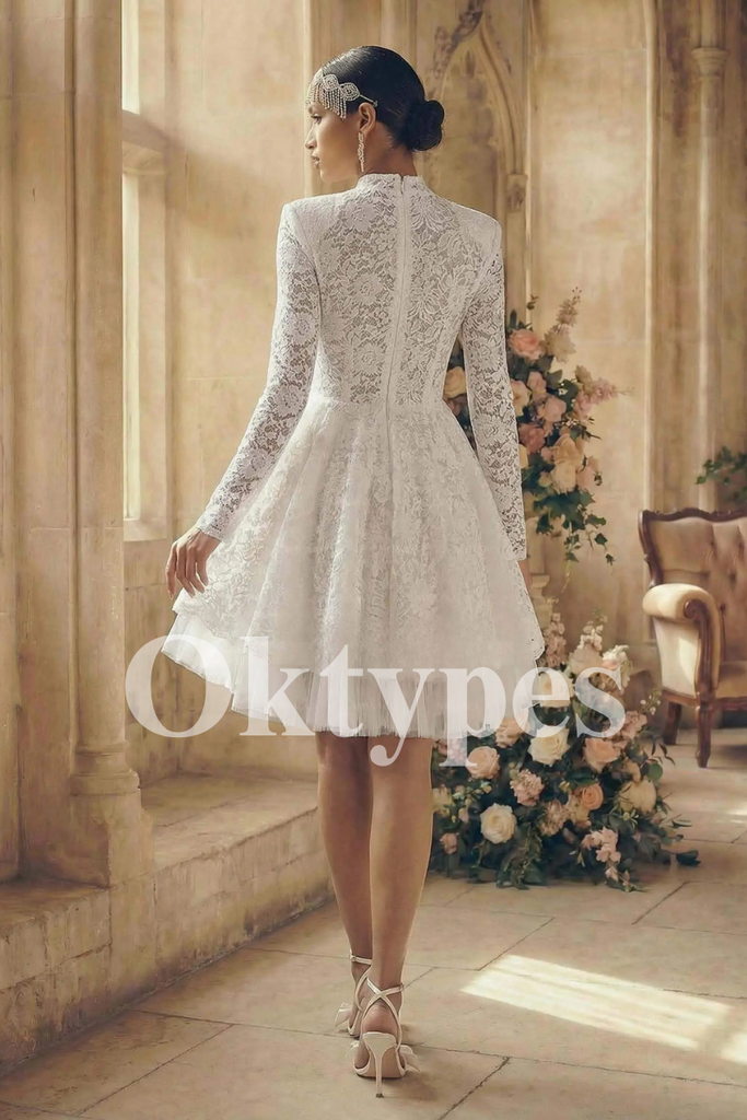 Elegant High-Neck Lace Bridal Outfit Retro-Chic Mini Wedding Gowns