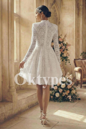 Elegant High-Neck Lace Bridal Outfit Retro-Chic Mini Wedding Gowns