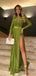 Elegant Grass V-Neck Full Sleeve Empire Side Slit Floor-Length Prom Dresses PDS1124